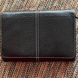 Vintage Levenger Pebbled Leather Rustic Brown tri-fold wallet with bright liner!